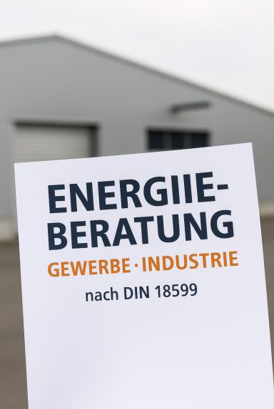 Schild mit der Aufschrift "Energieberatung Gewerbe-Industrie nach DIN 18599" vor Gebäude.